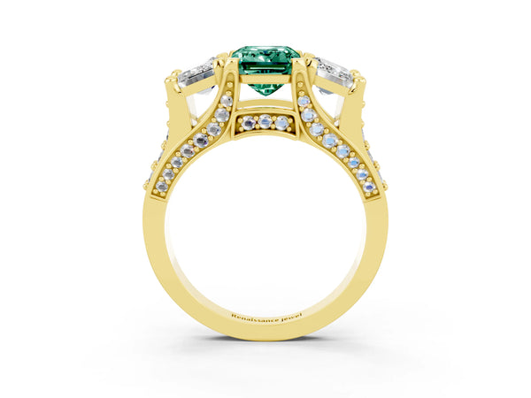 Yellow gold Emerald Cut Green Sapphire Three-Stone Ring with Channel Set Band and Four-Prong Setting