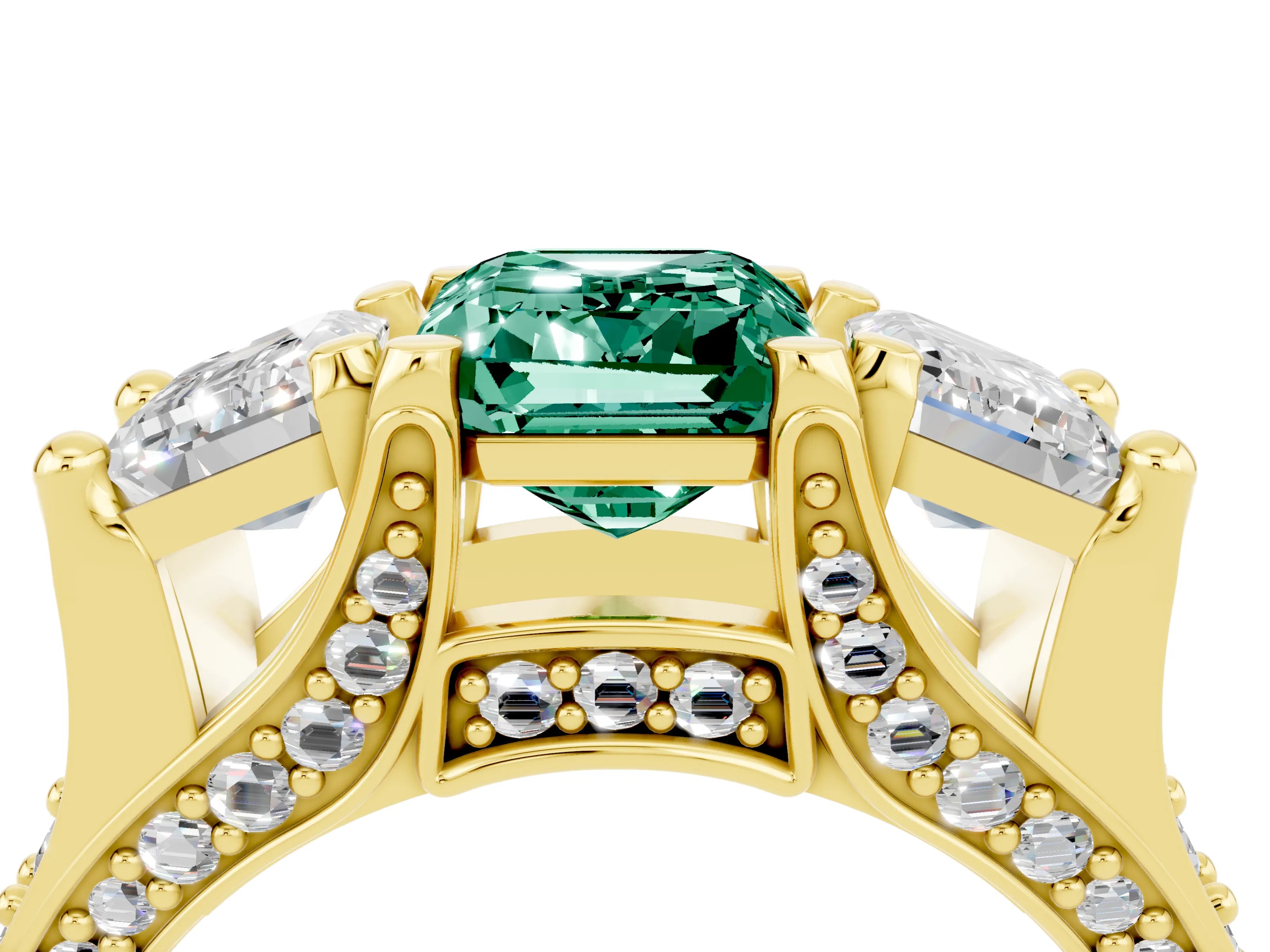 Yellow gold Emerald Cut Green Sapphire Three-Stone Ring with Channel Set Band and Four-Prong Setting_4