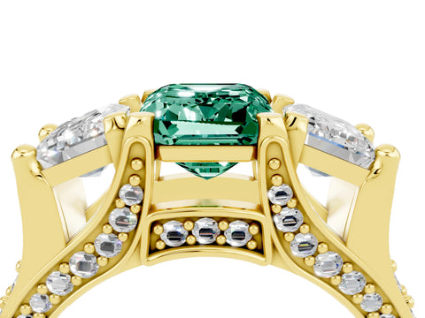 Yellow gold Emerald Cut Green Sapphire Three-Stone Ring with Channel Set Band and Four-Prong Setting_4