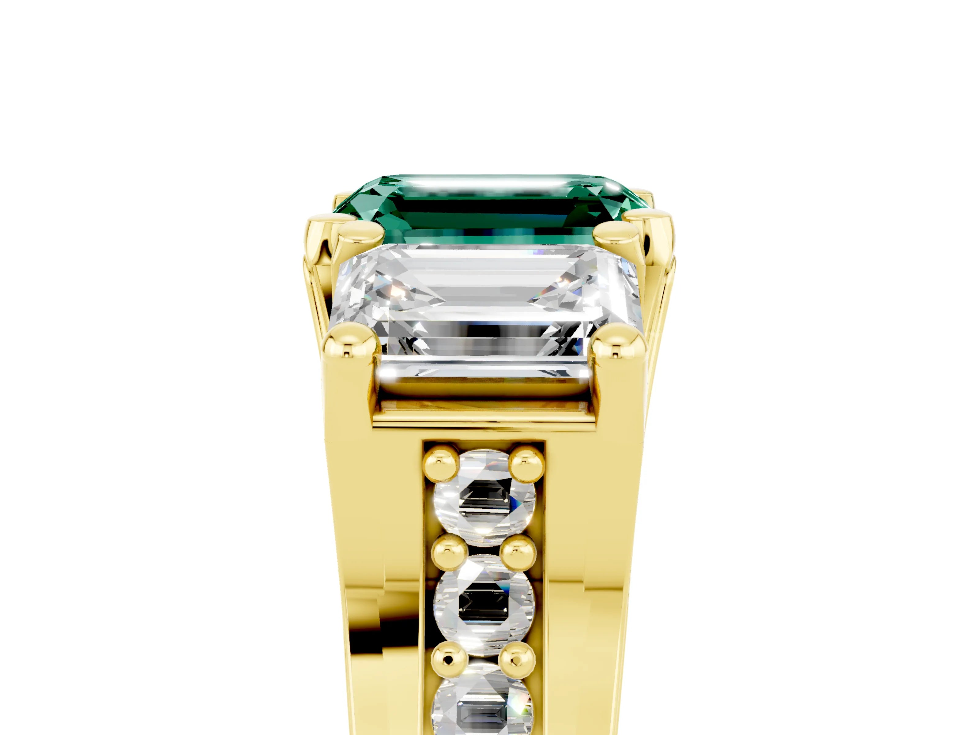 Yellow gold Emerald Cut Green Sapphire Three-Stone Ring with Channel Set Band and Four-Prong Setting_5