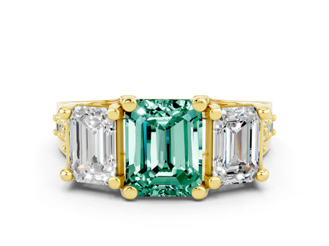 Yellow gold Emerald Cut Green Sapphire Three-Stone Ring with Channel Set Band and Four-Prong Setting