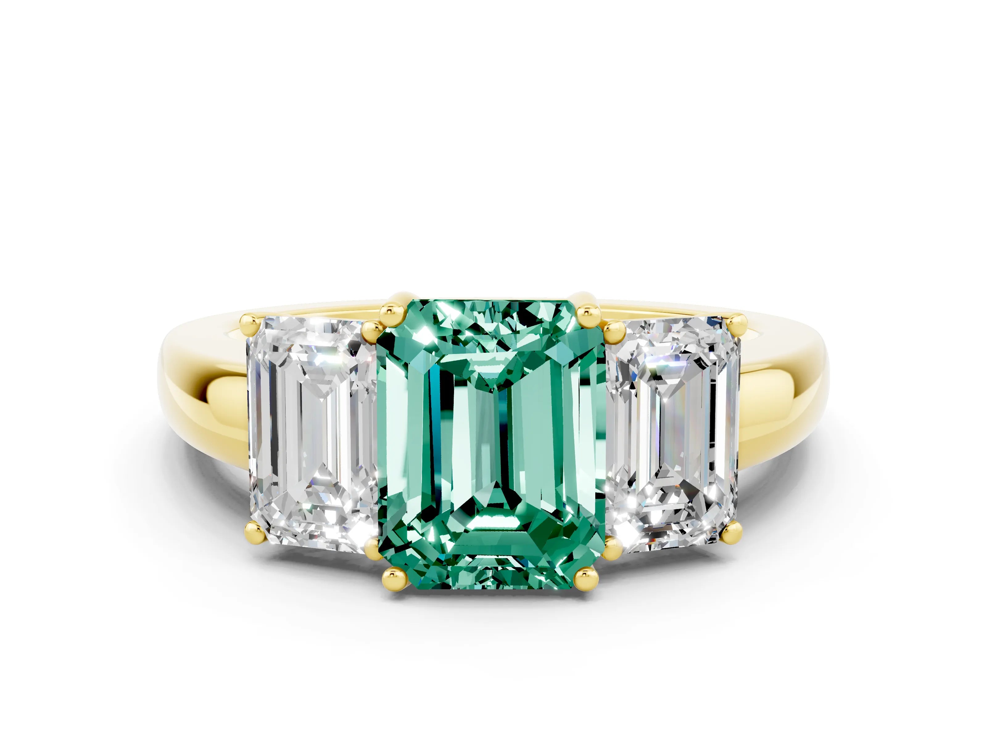 Yellow gold Emerald Cut Green Sapphire Three-Stone Ring with Four-Prong Setting and Classic Band