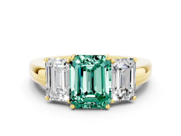 Yellow gold Emerald Cut Green Sapphire Three-Stone Ring with Four-Prong Setting and Classic Band