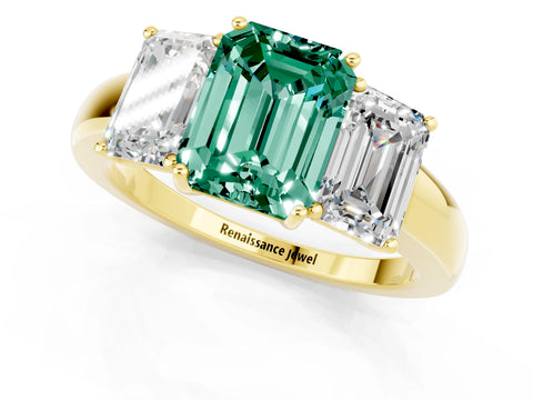 Yellow gold Emerald Cut Green Sapphire Three-Stone Ring with Four-Prong Setting and Classic Band_1