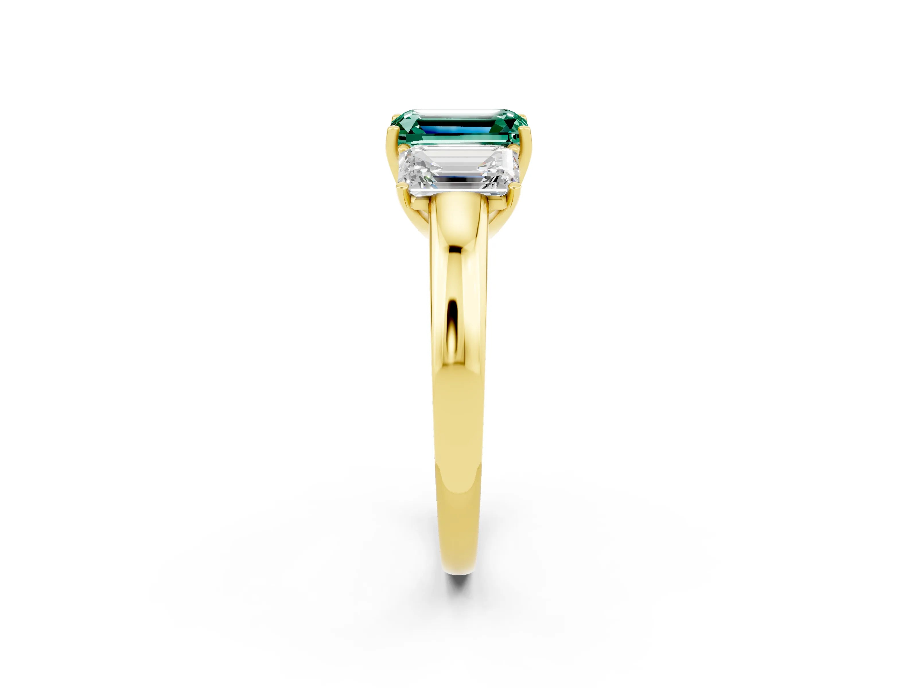Yellow gold Emerald Cut Green Sapphire Three-Stone Ring with Four-Prong Setting and Classic Band_2