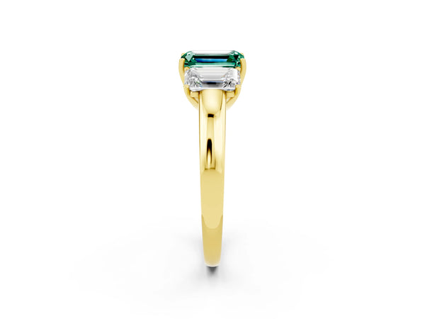 Yellow gold Emerald Cut Green Sapphire Three-Stone Ring with Four-Prong Setting and Classic Band