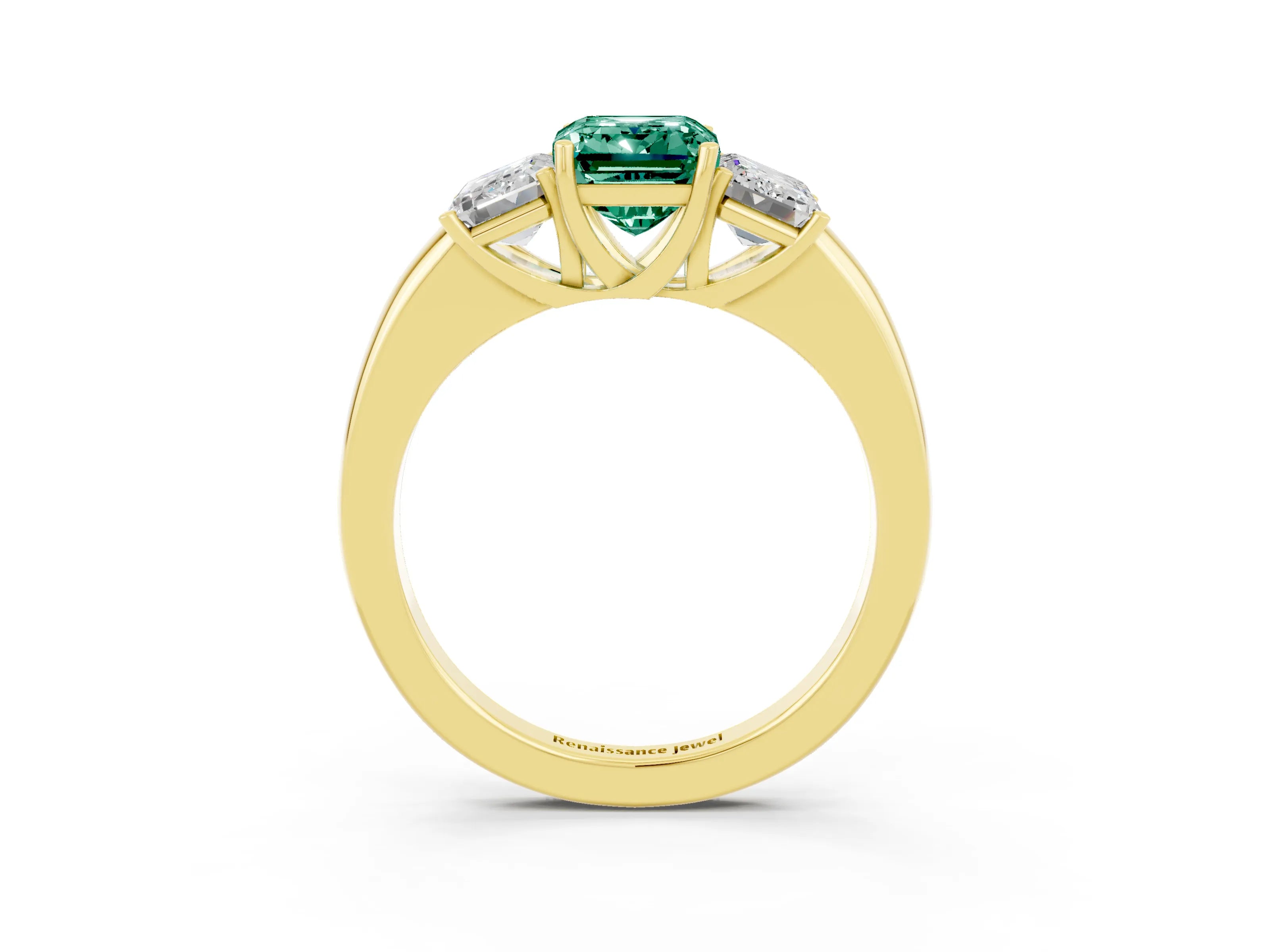 Yellow gold Emerald Cut Green Sapphire Three-Stone Ring with Four-Prong Setting and Classic Band_3