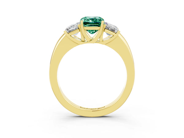 Yellow gold Emerald Cut Green Sapphire Three-Stone Ring with Four-Prong Setting and Classic Band