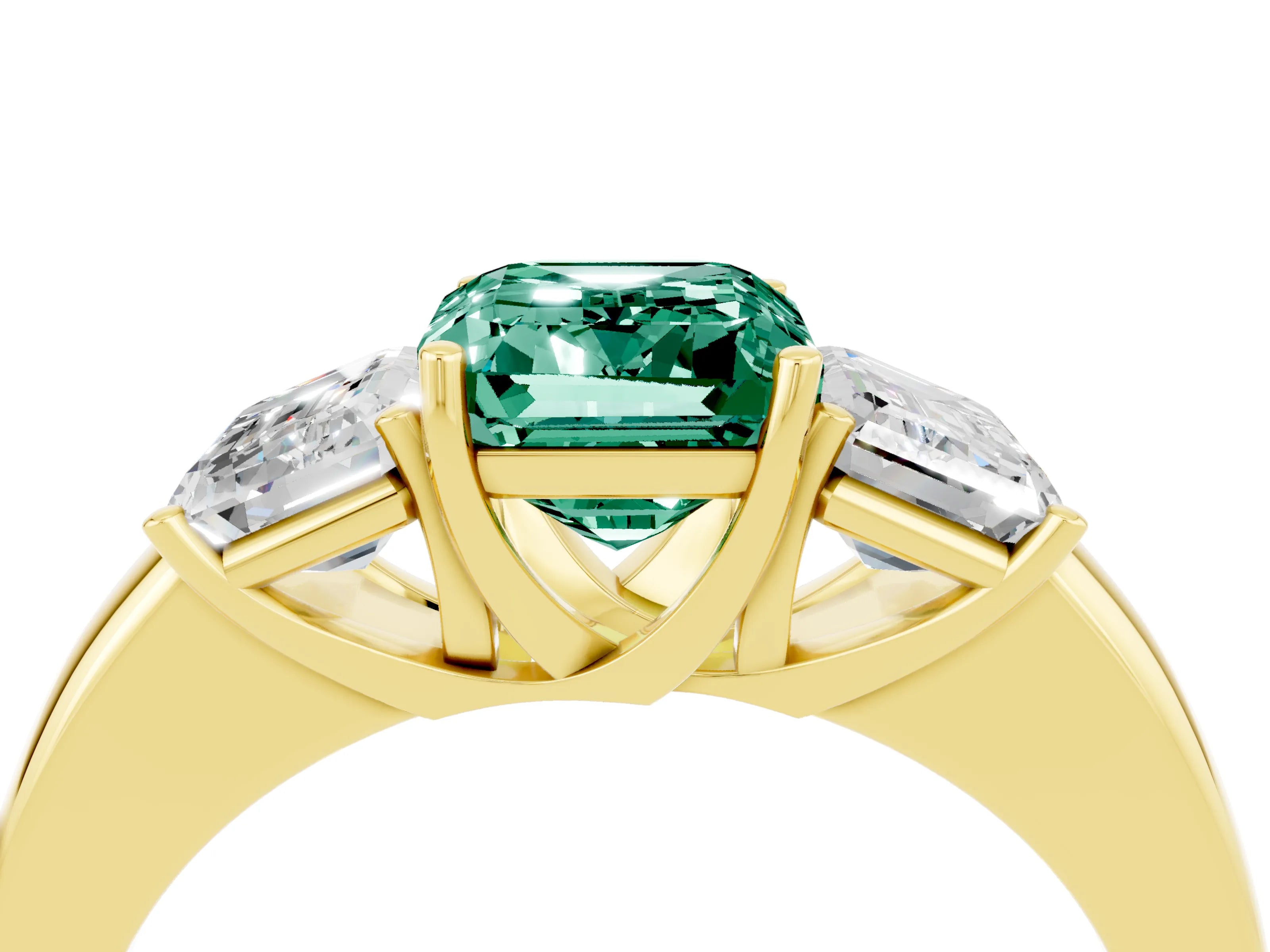 Yellow gold Emerald Cut Green Sapphire Three-Stone Ring with Four-Prong Setting and Classic Band_4