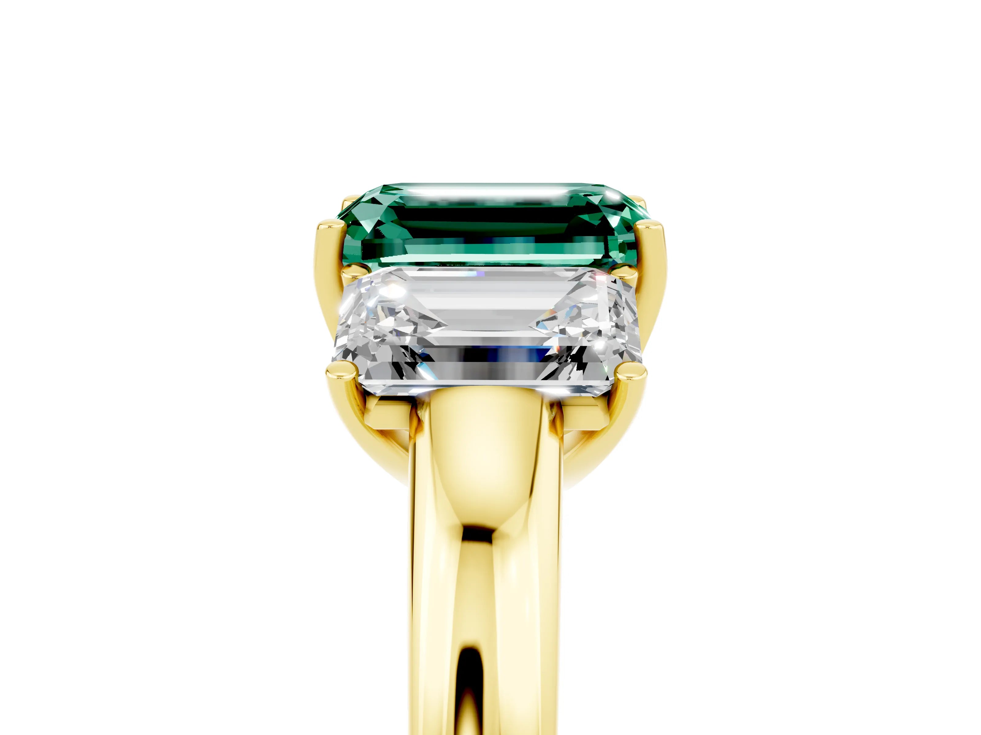 Yellow gold Emerald Cut Green Sapphire Three-Stone Ring with Four-Prong Setting and Classic Band_5
