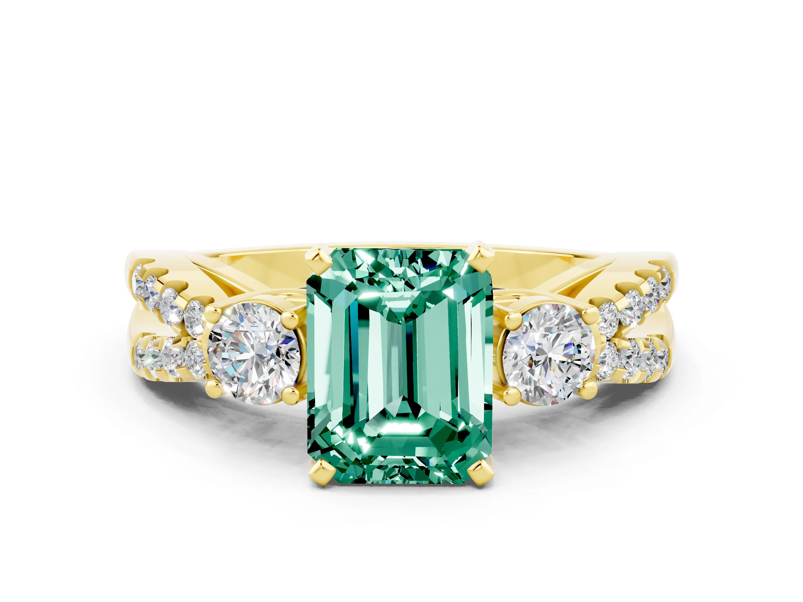 Yellow gold Emerald Cut Green Sapphire Three-Stone Ring with Pavé Split Shank and Four-Prong Setting