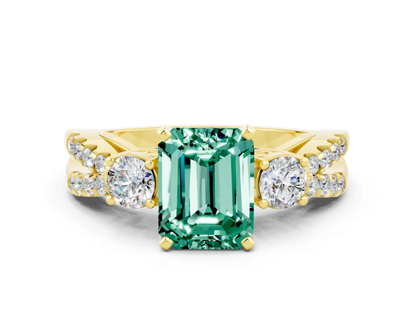 Yellow gold Emerald Cut Green Sapphire Three-Stone Ring with Pavé Split Shank and Four-Prong Setting