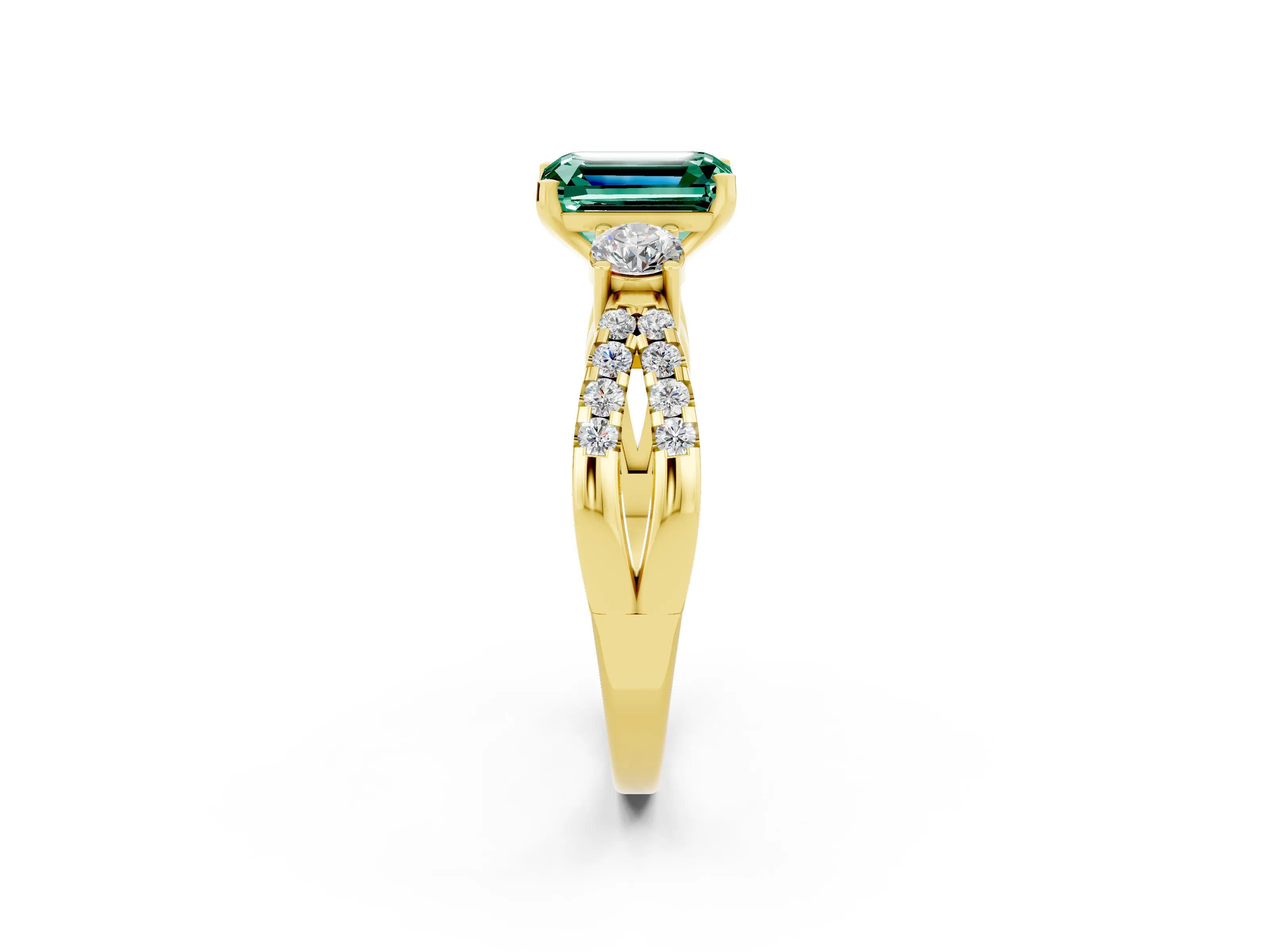 Yellow gold Emerald Cut Green Sapphire Three-Stone Ring with Pavé Split Shank and Four-Prong Setting_2