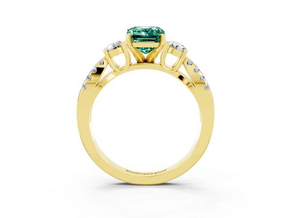 Yellow gold Emerald Cut Green Sapphire Three-Stone Ring with Pavé Split Shank and Four-Prong Setting