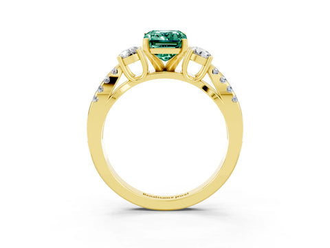 Yellow gold Emerald Cut Green Sapphire Three-Stone Ring with Pavé Split Shank and Four-Prong Setting_3