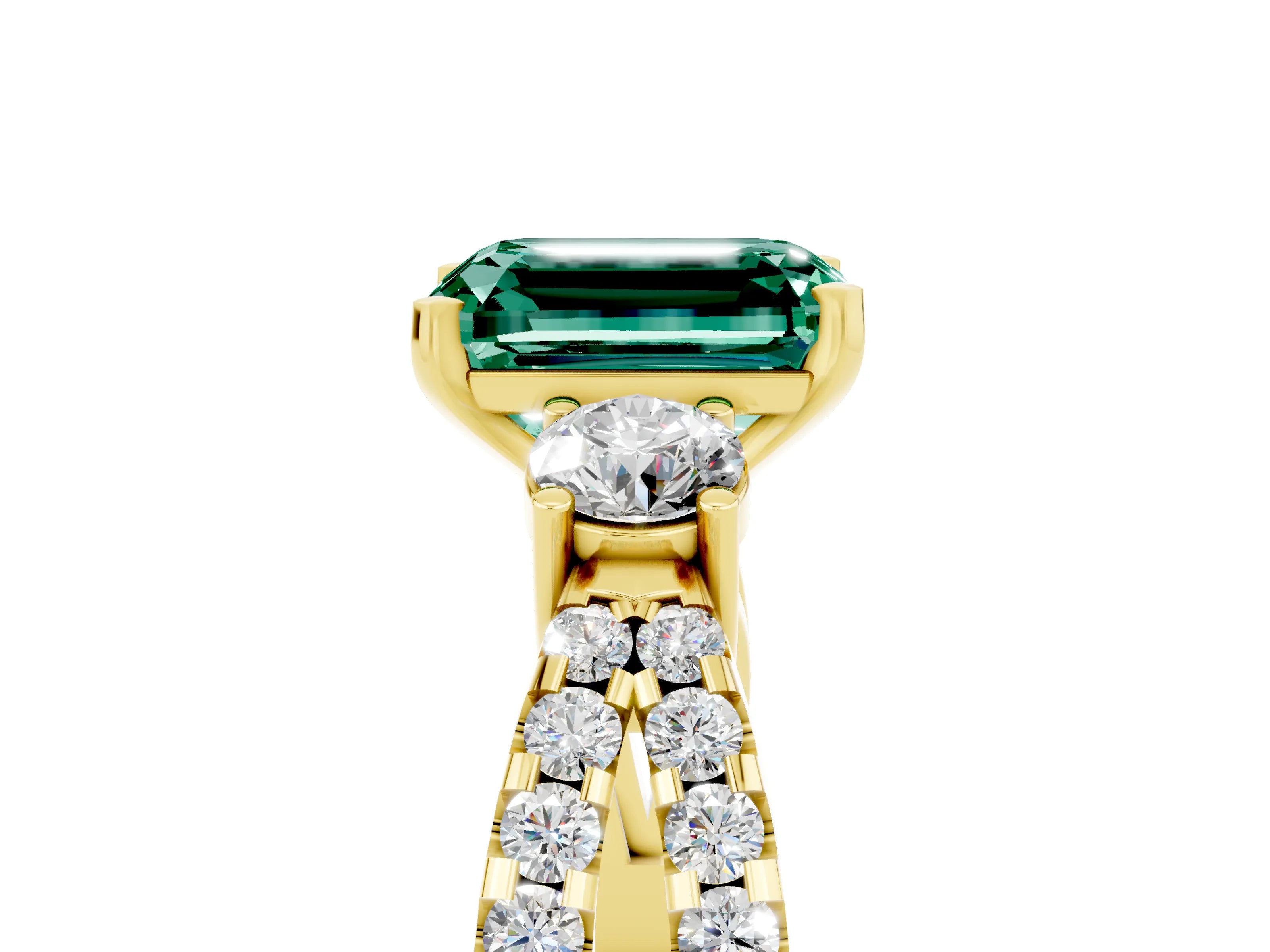 Yellow gold Emerald Cut Green Sapphire Three-Stone Ring with Pavé Split Shank and Four-Prong Setting_5