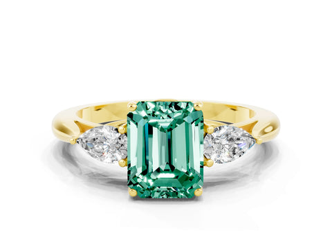 Yellow gold Emerald Cut Green Sapphire Three-Stone Ring with Pear Side Stones and Four-Prong Setting_12