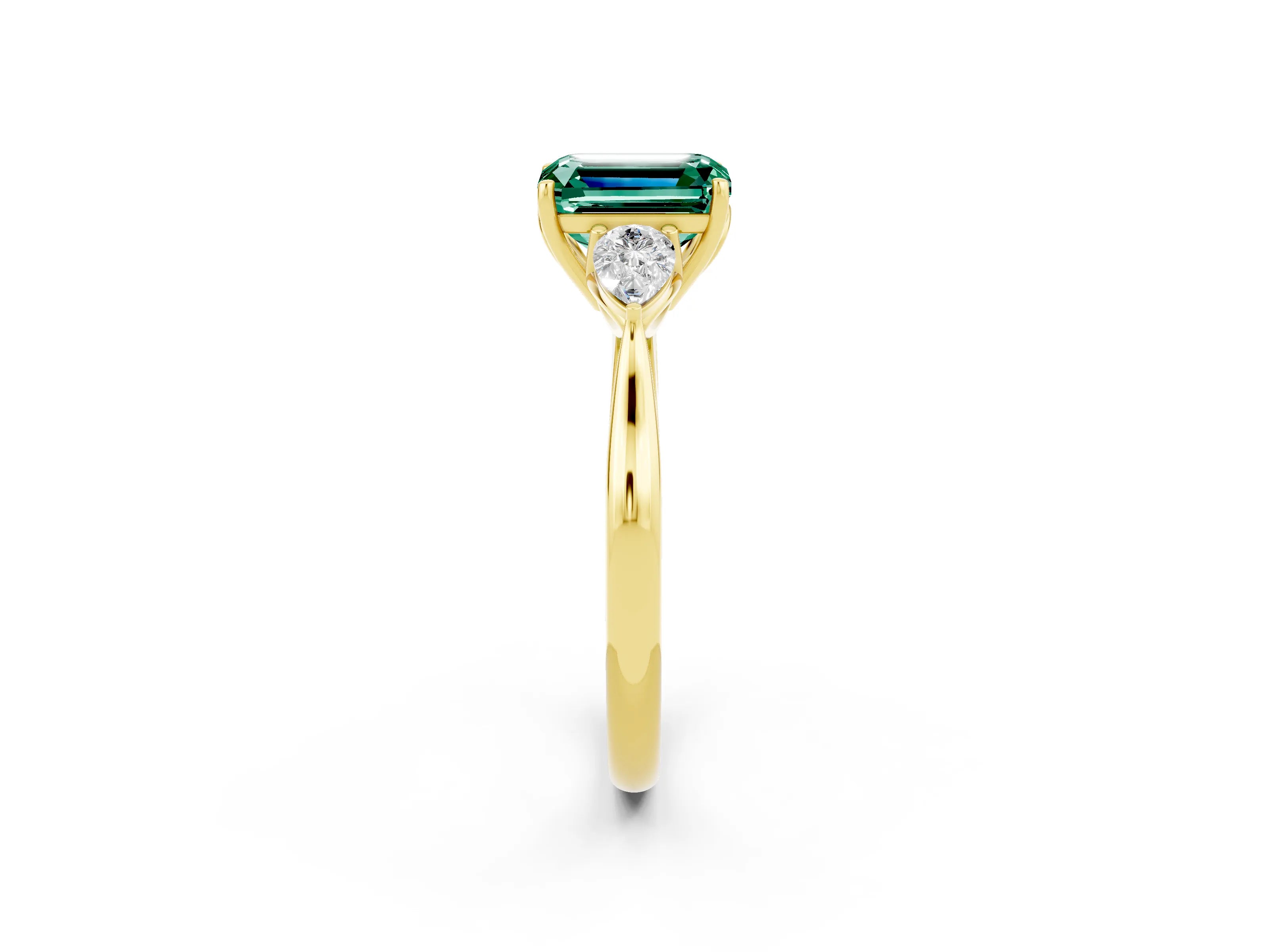 Yellow gold Emerald Cut Green Sapphire Three-Stone Ring with Pear Side Stones and Four-Prong Setting_14