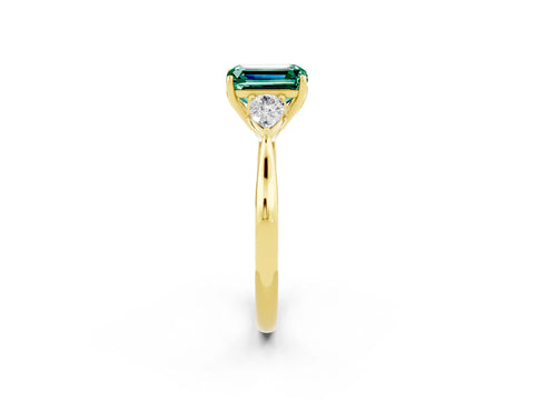Yellow gold Emerald Cut Green Sapphire Three-Stone Ring with Pear Side Stones and Four-Prong Setting_14