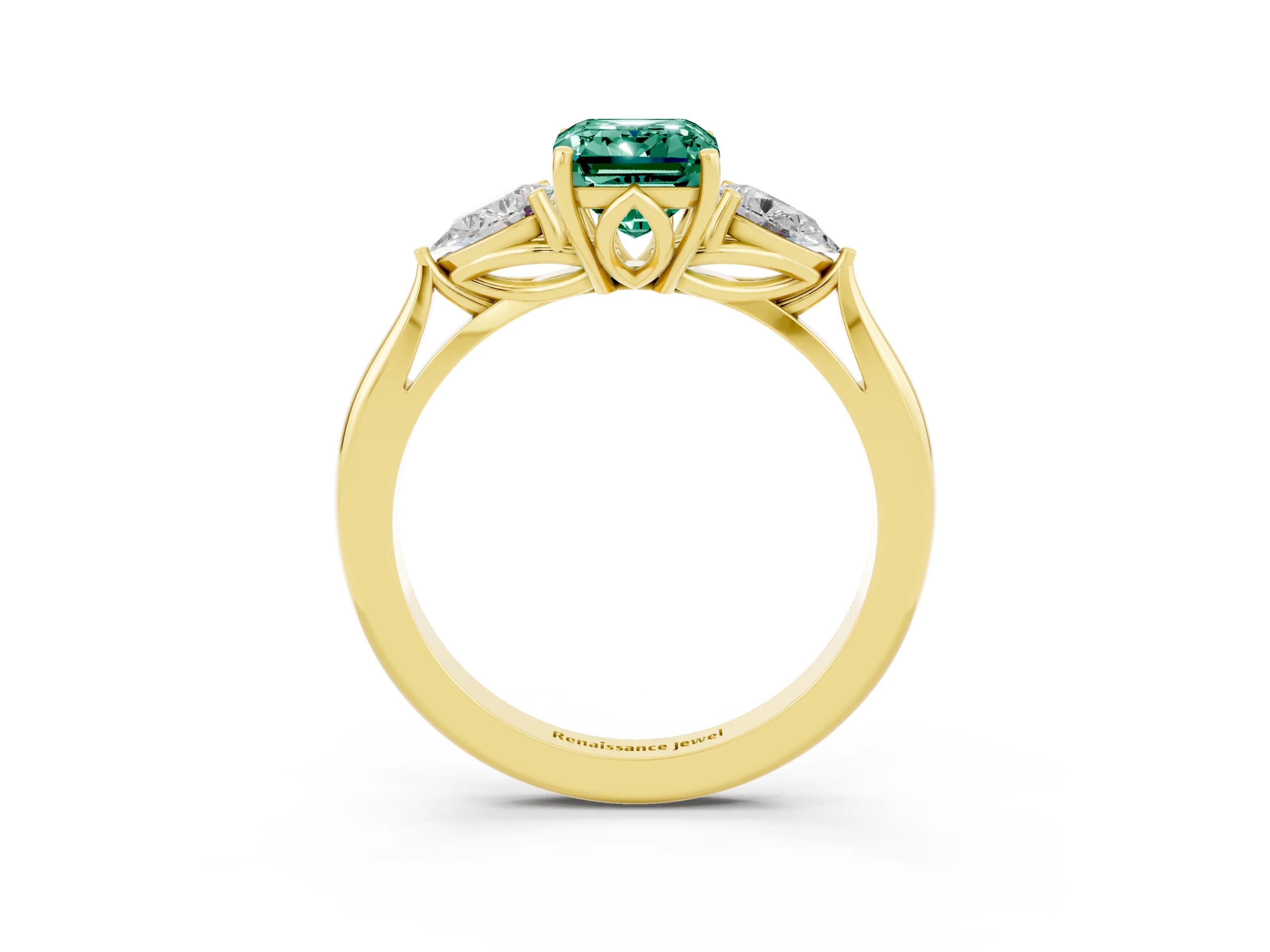 Yellow gold Emerald Cut Green Sapphire Three-Stone Ring with Pear Side Stones and Four-Prong Setting_15