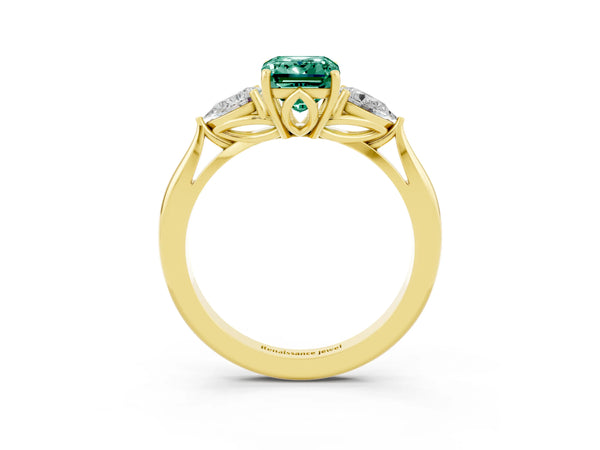 Yellow gold Emerald Cut Green Sapphire Three-Stone Ring with Pear  Side Stones and Prong Setting
