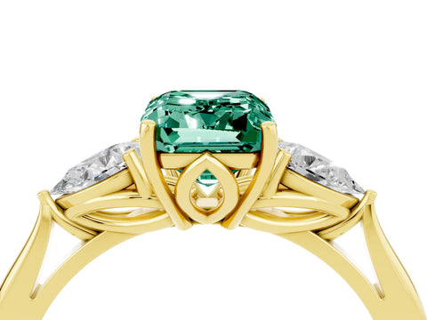 Yellow gold Emerald Cut Green Sapphire Three-Stone Ring with Pear Side Stones and Four-Prong Setting_16