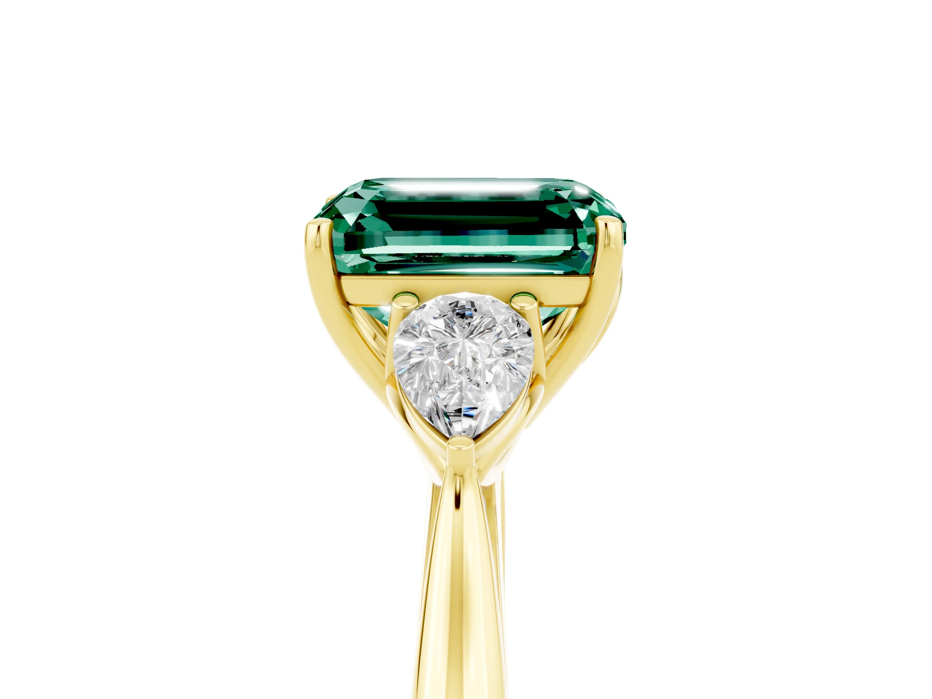 Yellow gold Emerald Cut Green Sapphire Three-Stone Ring with Pear Side Stones and Four-Prong Setting_17