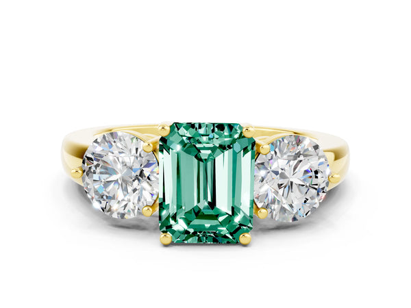 Yellow gold Emerald Cut Green Sapphire Three-Stone Ring with Prong Setting and Classic Band