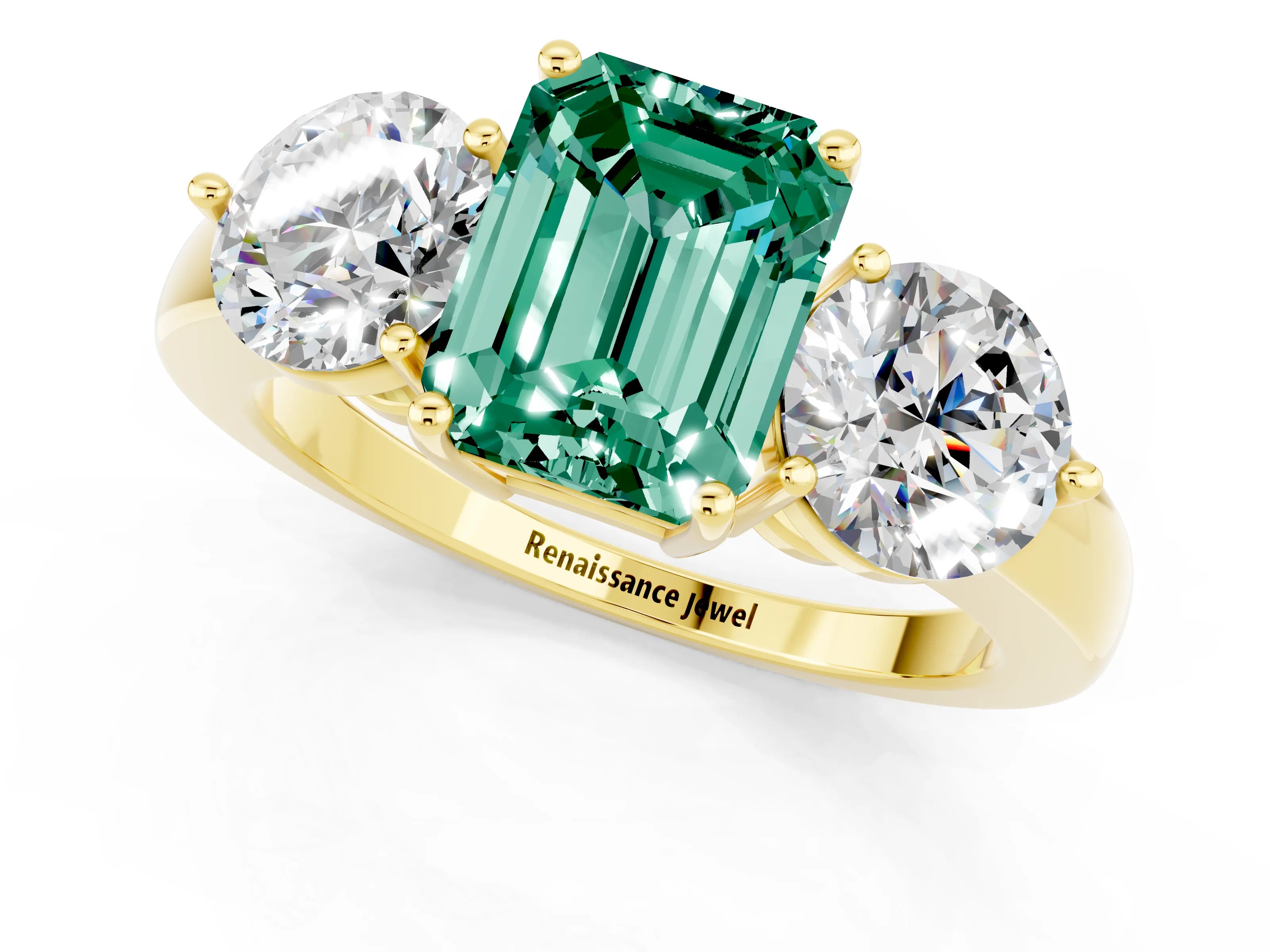 Yellow gold Emerald Cut Green Sapphire Three-Stone Ring with Prong Setting and Classic Band_1
