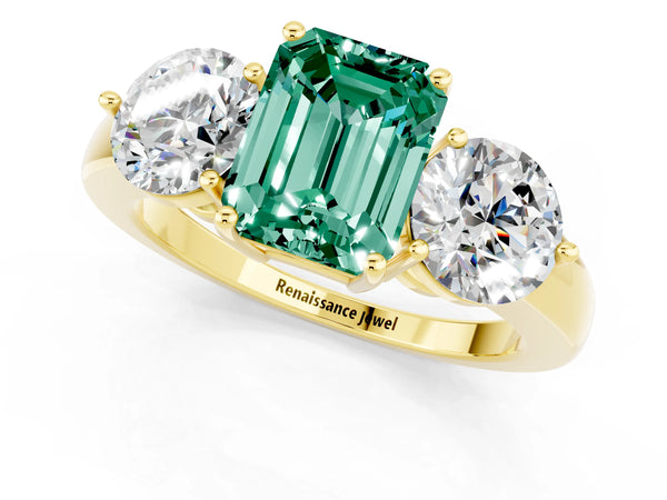 Yellow gold Emerald Cut Green Sapphire Three-Stone Ring with Prong Setting and Classic Band