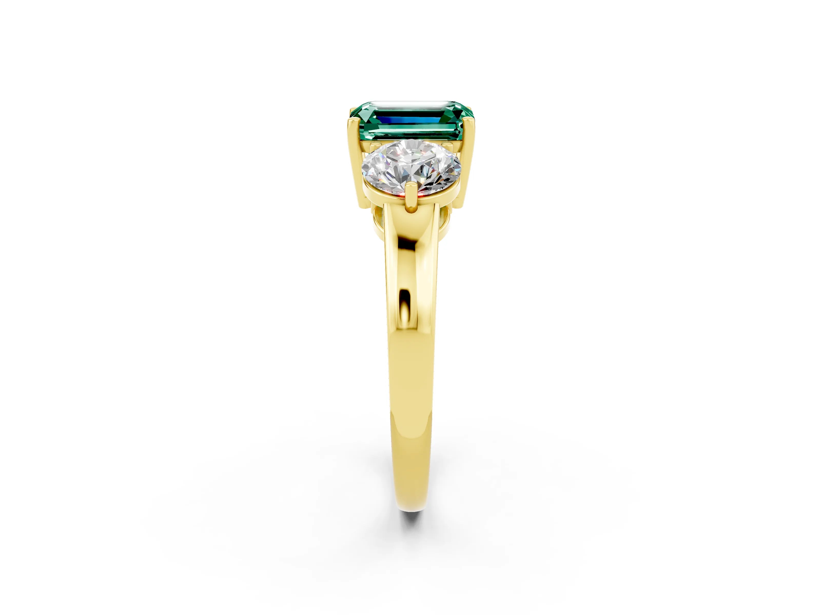 Yellow gold Emerald Cut Green Sapphire Three-Stone Ring with Prong Setting and Classic Band_2