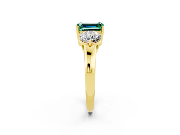 Yellow gold Emerald Cut Green Sapphire Three-Stone Ring with Prong Setting and Classic Band