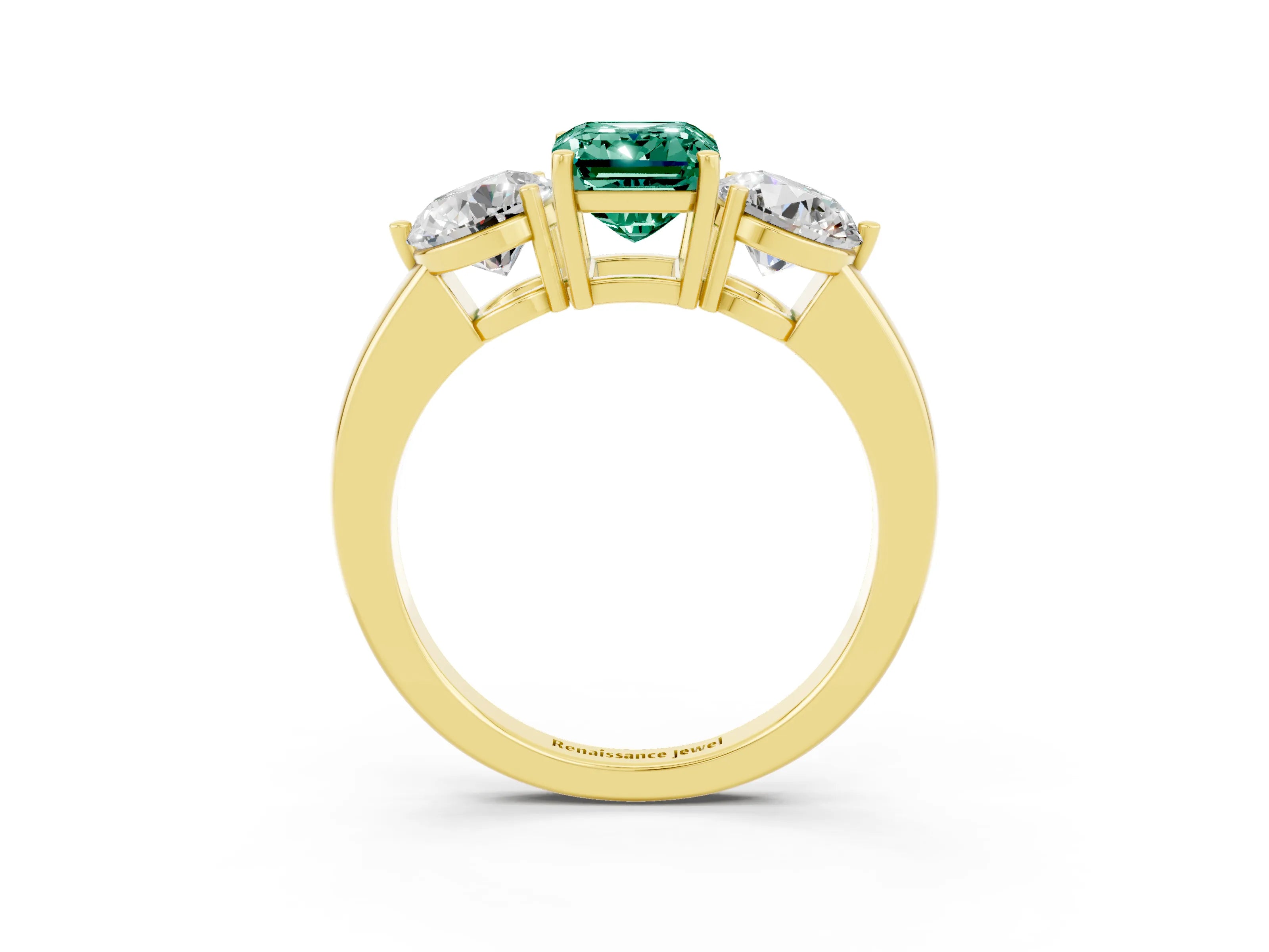 Yellow gold Emerald Cut Green Sapphire Three-Stone Ring with Prong Setting and Classic Band_3