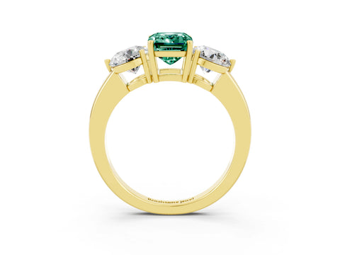 Yellow gold Emerald Cut Green Sapphire Three-Stone Ring with Prong Setting and Classic Band_3