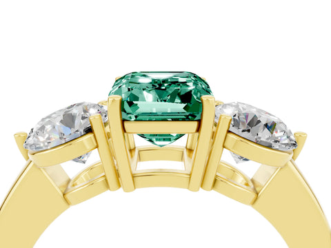 Yellow gold Emerald Cut Green Sapphire Three-Stone Ring with Prong Setting and Classic Band_4