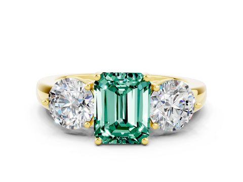 Yellow gold Emerald Cut Green Sapphire Three-Stone Ring with Prong Setting and Classic Band