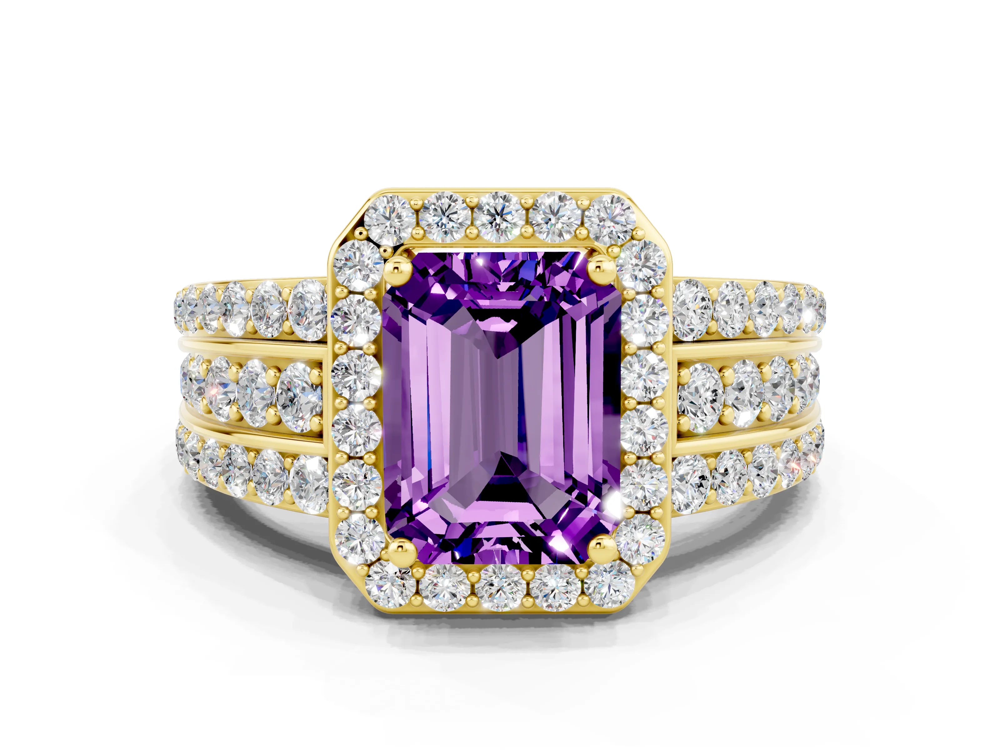 Yellow gold Emerald Cut Halo Amethyst Ring with Split Shank and Four-Prong Setting