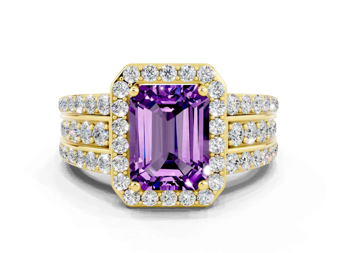 Yellow gold Emerald Cut Halo Amethyst Ring with Split Shank and Four-Prong Setting