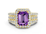 Yellow gold Emerald Cut Halo Amethyst Ring with Split Shank and Four-Prong Setting