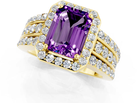 Yellow gold Emerald Cut Halo Amethyst Ring with Split Shank and Four-Prong Setting_1
