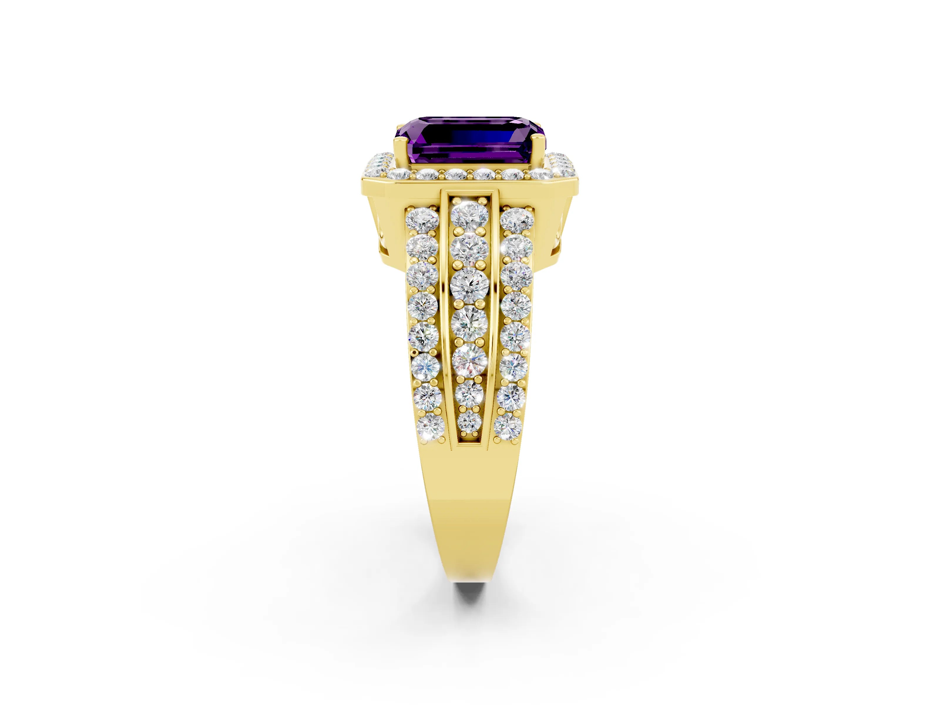 Yellow gold Emerald Cut Halo Amethyst Ring with Split Shank and Four-Prong Setting_2