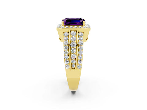 Yellow gold Emerald Cut Halo Amethyst Ring with Split Shank and Four-Prong Setting_2