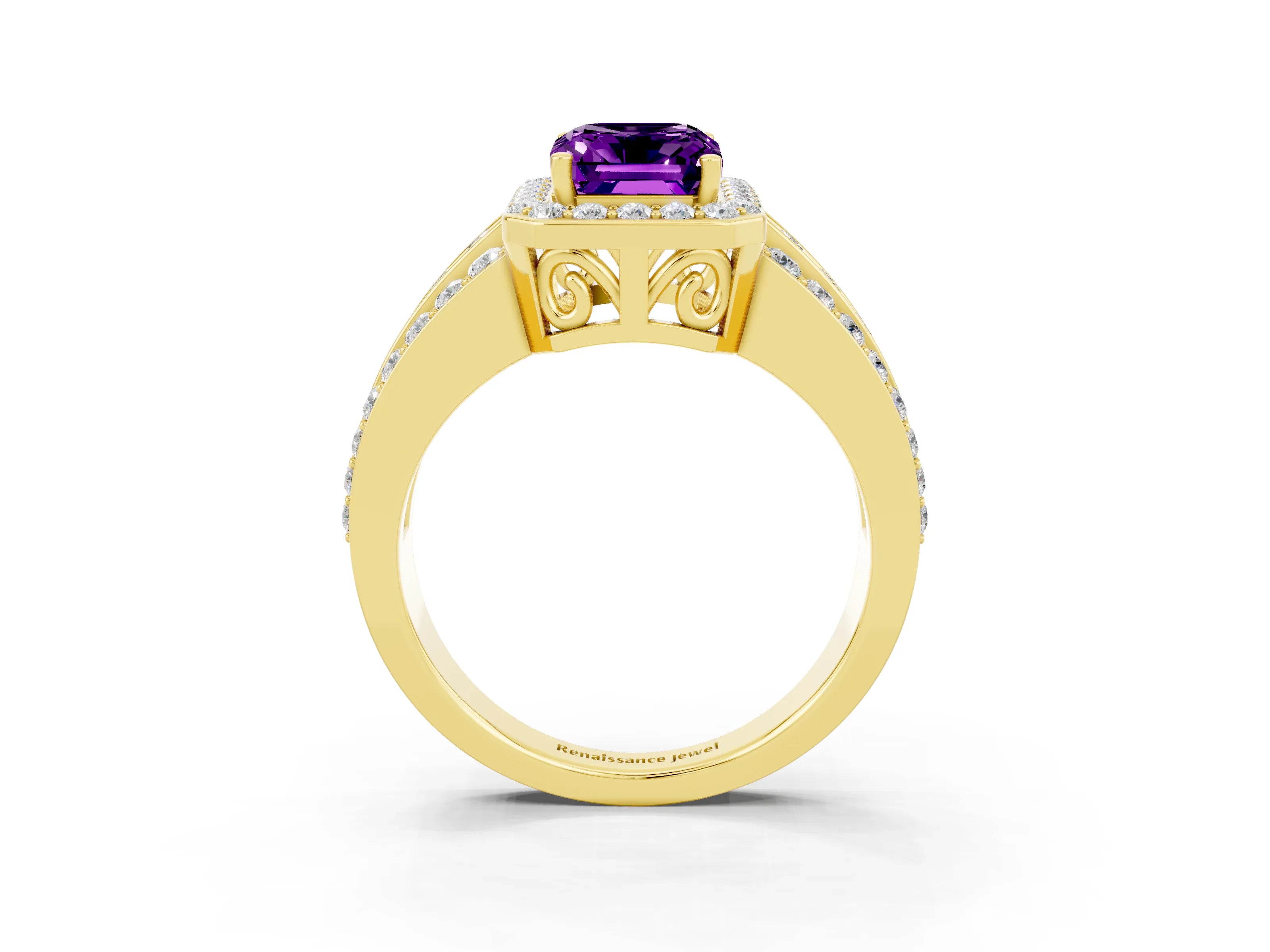 Yellow gold Emerald Cut Halo Amethyst Ring with Split Shank and Four-Prong Setting_3