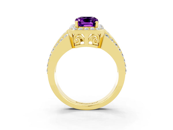 Yellow gold Emerald Cut Halo Amethyst Ring with Round  Split Shank and Prong Setting