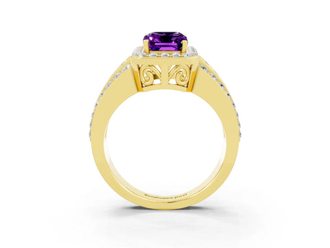 Yellow gold Emerald Cut Halo Amethyst Ring with Split Shank and Four-Prong Setting_3