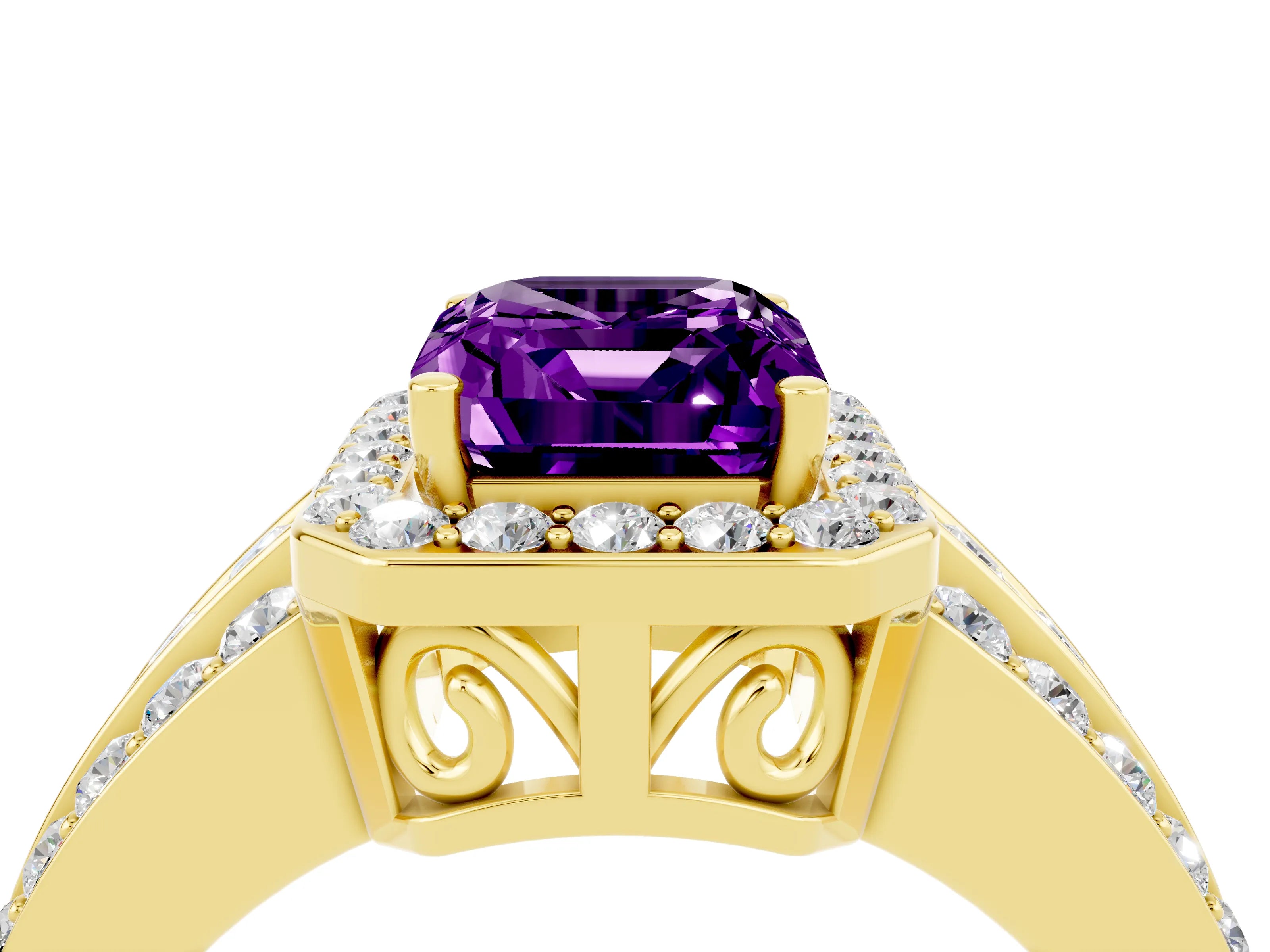 Yellow gold Emerald Cut Halo Amethyst Ring with Split Shank and Four-Prong Setting_4