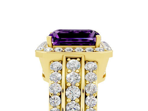Yellow gold Emerald Cut Halo Amethyst Ring with Split Shank and Four-Prong Setting_5