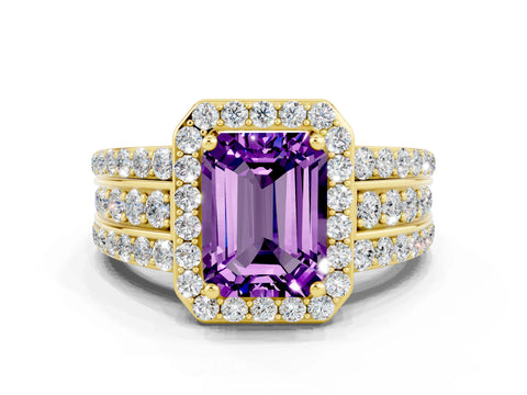 Yellow gold Emerald Cut Halo Amethyst Ring with Split Shank and Four-Prong Setting