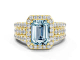 Yellow gold Emerald Cut Halo Aquamarine Ring with Split Shank and Four-Prong Setting