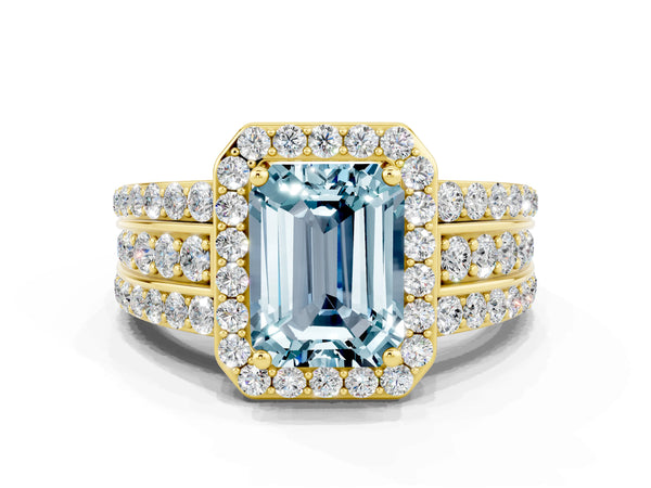 Yellow gold Emerald Cut Halo Aquamarine Ring with Round  Split Shank and Prong Setting